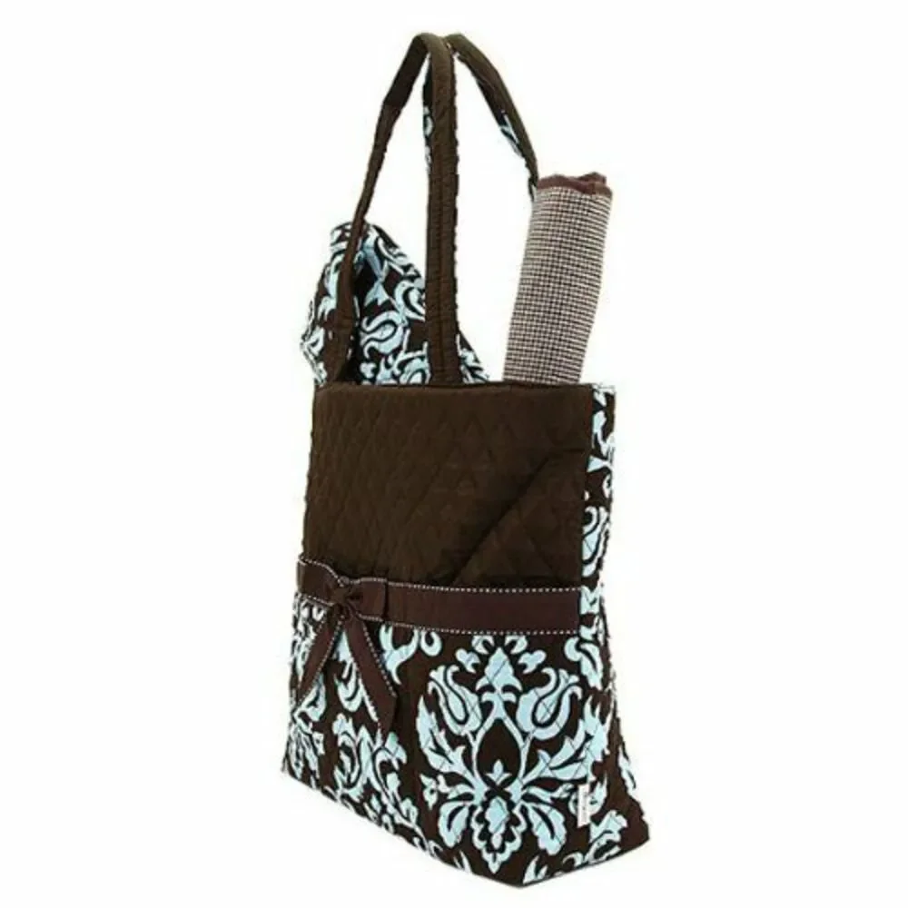 Quilted Damask Diaper Bag Brown Blue Changing Pad Zippered Pouch 3 Piece Set NWT